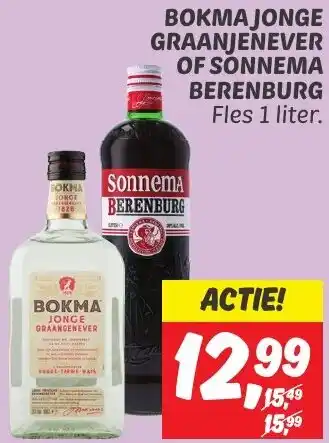Dekamarkt BOKMA JONGE GRAANJENEVER OF SONNEMA BERENBURG Fles 1 liter. aanbieding
