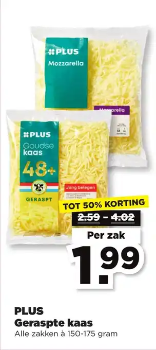 PLUS Geraspte kaas 150 - 175 gram aanbieding