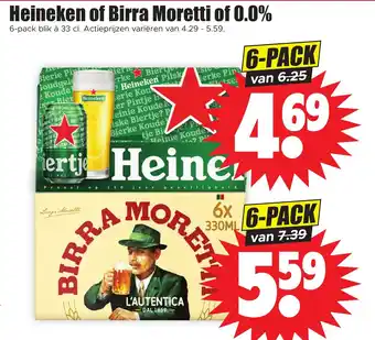 Dirk Heineken of Birra Moretti of 0.0% 6-pack blik a 33 cl aanbieding