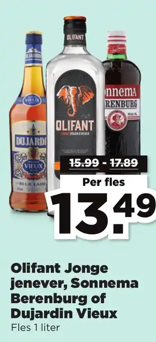 PLUS Olifant Jonge jenever, Sonnema Berenburg of Dujardin Vieux 1 liter aanbieding