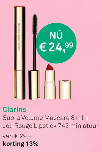 Mooi parfumerie Clarins Supra Volume Mascara 8 ml + Joli Rouge Lipstick 742 miniatuur aanbieding