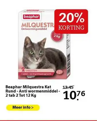 Boerenbond Beaphar Milquestra Kat Rund - Anti Wormenmiddel - 2 Tab 2 Tot 12 Kg 20% Korting aanbieding