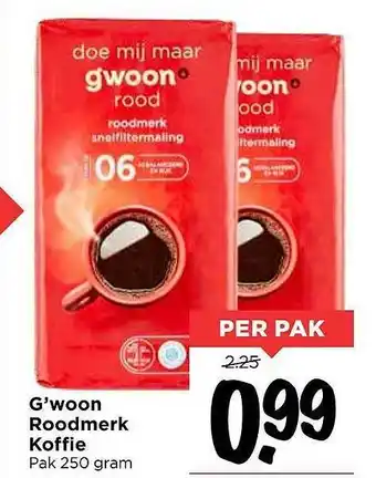 Vomar Voordeelmarkt G'woon roodmerk koffie 250 gram aanbieding