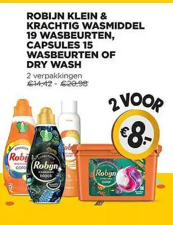 Jumbo Robijn Klein & Krachtig Wasmiddel 19 Wasbeurten, Capsules 15 Wasbeurten Of Dry Wash aanbieding