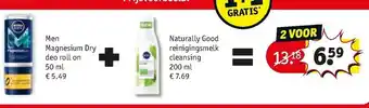 Kruidvat Nivea Men Magnesium Dry deo roll on 50ml + Nivea Naturally Good reinigingsmelk cleansing 200ml aanbieding