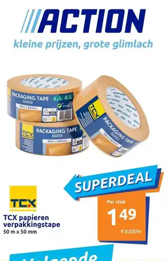 Action TCX papieren verpakkingstape 50 m x 50 mm aanbieding