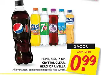 Dekamarkt Pepsi, sisi, 7-up, crystal clear, hero of rivella 500 ml aanbieding