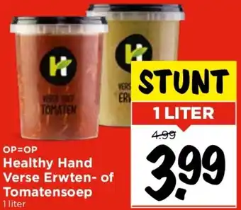 Vomar Voordeelmarkt Healthy Hand Verse Erwten of Tomatensoep 1 liter aanbieding