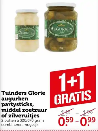 Coop Tuinders Glorie augurken partysticks, middel zoetzuur of zilveruitjes 320/670g aanbieding