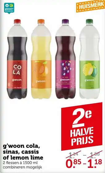 Coop G'woon cola, sinas, cassis of lemon lime aanbieding