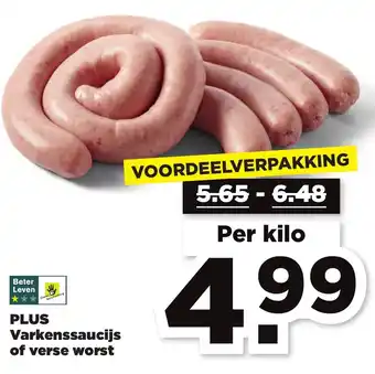 PLUS Varkenssaucijs of verse worst aanbieding