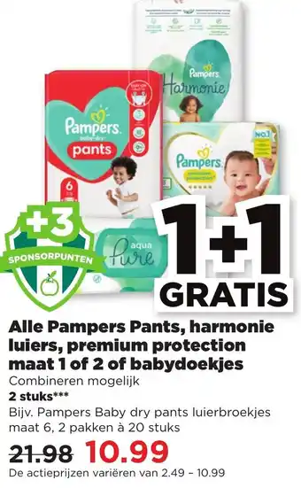 PLUS Alle Pampers Pants, harmonie luiers, premium protection maat 1 of 2 of babydoekjes aanbieding