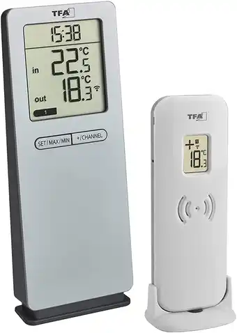 Amazon TFA Dostmann radiografische thermometer LOGOneo, 30.3071.54, binnen-en buitentemperatuur, tijd, Max.-min.-waarden met handmat aanbieding