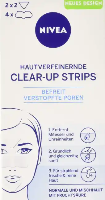 Amazon Nivea Clear-Up Strips, Voor Huidverfijning En Mee-Eters, 1X4 Neusstrips En 2 X 2 Voorhoofd-/Kinstrips aanbieding