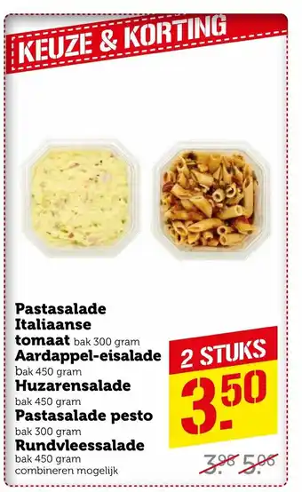 Coop Pastasalade Italiaanse tomaat 300g,Aardappel-eisalade 450g,Huzarensalade 450g,Pastasalade pesto 300g,Rundvleessalade 450g-2st aanbieding