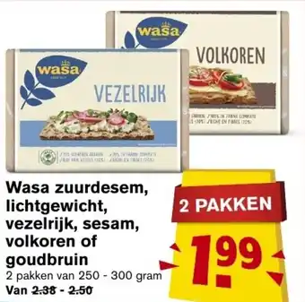 Hoogvliet Wasa zuurdesem, lichtgewicht, vezelrijk, sesam, volkoren of goudbruin 250-300 gram aanbieding