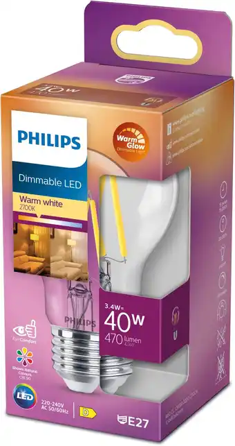 Amazon Philips LED-lamp - Warmwit licht - E27 - 40 W - Dimbaar - Energiezuinige LED-verlichting - Filament lamp aanbieding