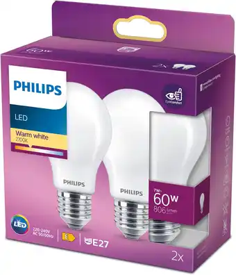 Amazon Philips LED Lamp Mat - 60 W - E27 - warmwit licht - 2 stuks aanbieding