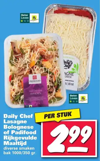 Nettorama Daile Chef Lasagne bolognese of Padifood rijkgevulde maaltijd 1kg/350g aanbieding