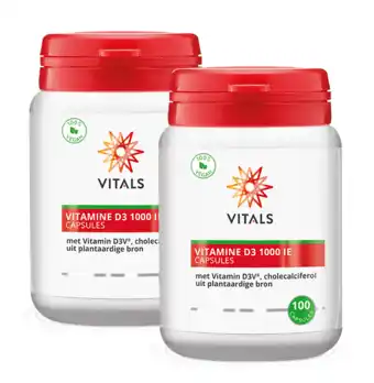 De Online Drogist Vitals Vitamine D3 1000 IE Capsules 2x100CP aanbieding