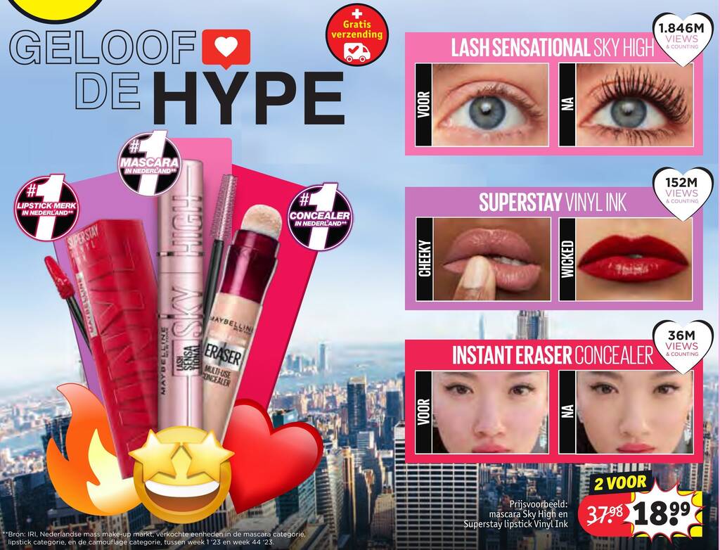 mascara Sky High en Superstay lipstick Vinyl Ink aanbieding bij Kruidvat