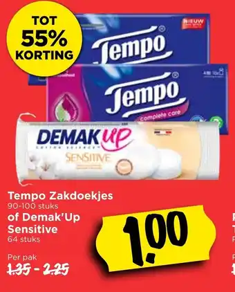 Vomar Voordeelmarkt Tempo Zakdoekjes of Demak'Up Sensitive aanbieding