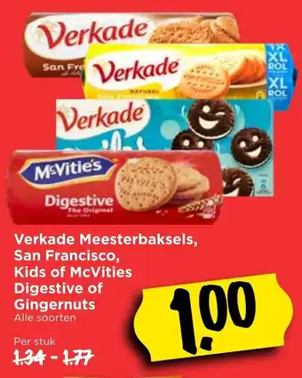 Vomar Voordeelmarkt Verkade Meesterbaksels, San Francisco, Kids of McVitie's Digestive of Gingernuts aanbieding