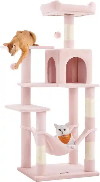 Amazon Feandrea Krabpaal voor katten, hoogte 143 cm, speeltoren, met 4 krabpalen, 2 platforms, 1 nis, 1 hangmat, 2 pompons, van pluc aanbieding