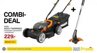 Praxis Combo Deal Worx Accu Twinpack Graasmaaier WG927E + Grastrimmer aanbieding