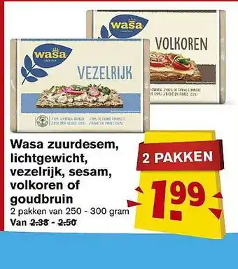 Hoogvliet Wasa zuurdesem, lichtgewicht, vezelrijk, sesam, volkoren of goudbruin  250 - 300 gram aanbieding