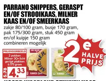 MCD Supermarkt Parrano Snippers, Geraspt of Strooikaas, Milner Kaas of Smeerkaas 2st aanbieding