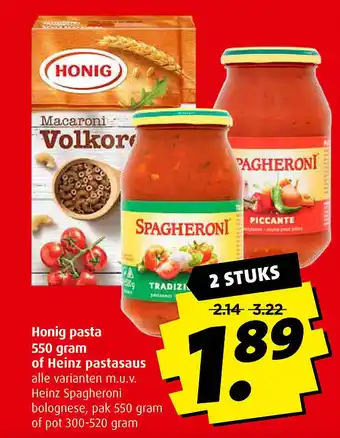 Boni Honig pasta 550 gram of Heinz pastasaus aanbieding