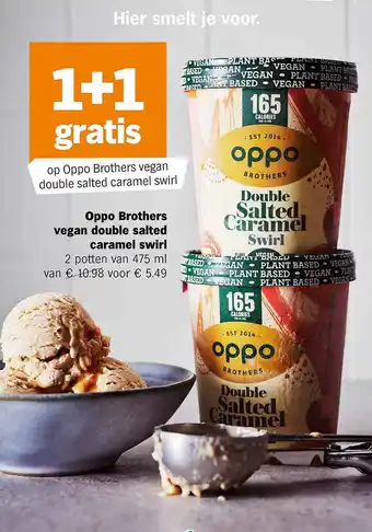 Albert Heijn Oppo Brothers Vegan Double Salted Caramel Swirl 1+1 Gratis aanbieding