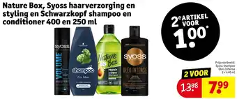 Kruidvat Nature Box, Syoss haarverzorging en styling en Schwarzkopf shampoo en conditioner 400 en 250 ml aanbieding