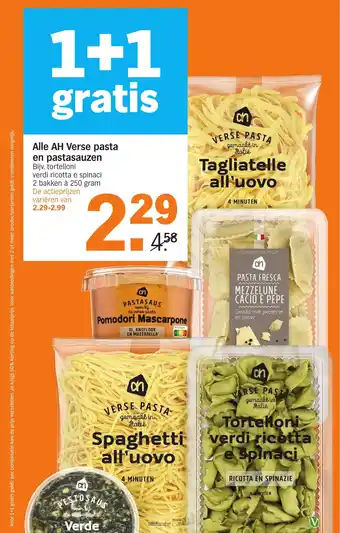 Albert Heijn Alle verse pasta en pastasauzen 250 gram aanbieding