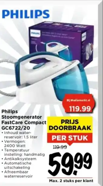 Vomar Voordeelmarkt Philips stoomgenerator fastcare compact GC6722/20 per stuk aanbieding