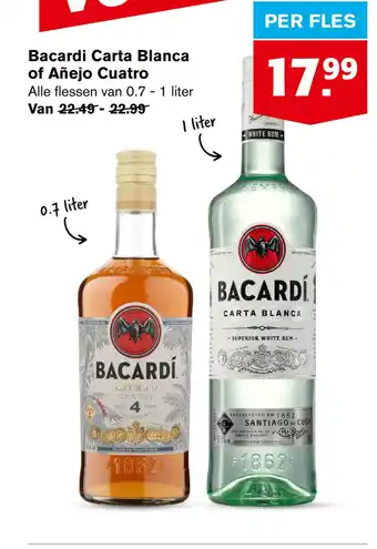 Hoogvliet Bacardi Carta Blanca of Añejo Cuatro 1liter aanbieding