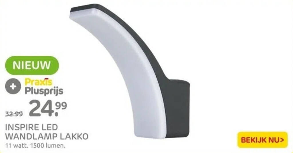 INSPIRE LED WANDLAMP LAKKO 11 watt. 1500 lumen. aanbieding bij Praxis