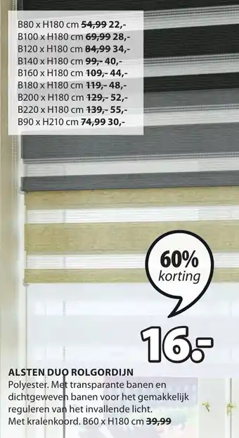 Jysk ALSTEN DUO ROLGORDIJN B60 x H180cm aanbieding