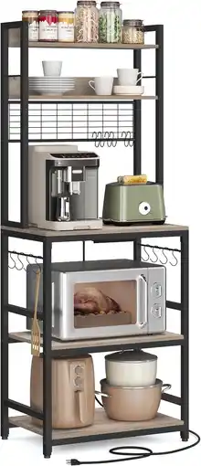 Amazon Vasagle KKS037B02EU Keukenrek, staand rek met stopcontacten, magnetronrek, met roosterplaat, 14 haken, 40 x 60 x 170 cm, grei aanbieding