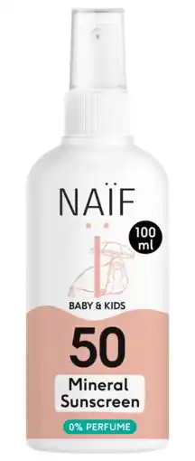 De Online Drogist Naif Care Baby&Kids Minerale Zonnebrand Spray 0% perfume SPF50 100ML aanbieding