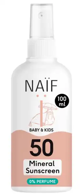 De Online Drogist Naif Care Baby&Kids Minerale Zonnebrand Spray 0% perfume SPF50 100ML aanbieding