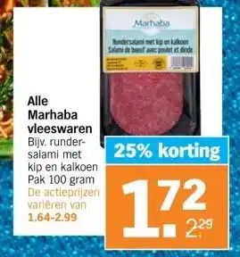 Albert Heijn Marhaba vleeswaren Bijv. runder- salami met kip en kalkoen Pak 100 gram De actieprijzen aanbieding