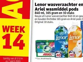 Kruidvat Lenor wasverzachter en geurbooster en Ariel wasmiddel pods 840 ml, 165 gram en 10 stuks aanbieding