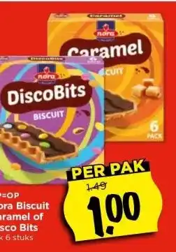 Vomar Voordeelmarkt Nora Biscuit Caramel of Disco Bits Pak 6 stuks aanbieding