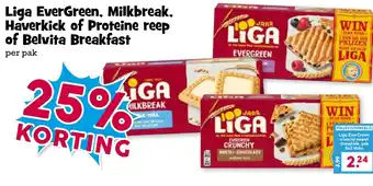 Boon`s Markt Liga EverGreen, Milkbreak. Haverkick of Proteine reep of Belvita Breakfast aanbieding