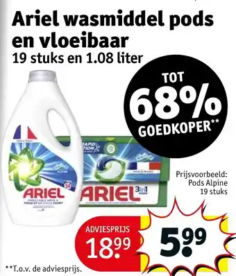 Kruidvat Ariel wasmiddel pods en vloeibaar 19 stuks en 1.08 liter aanbieding