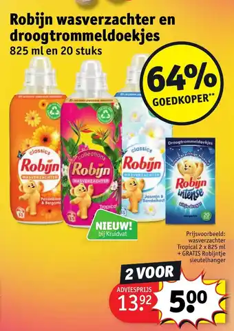 Kruidvat Robijn wasverzachter en droogtrommeldoekjes 825 ml en 20 stuks aanbieding