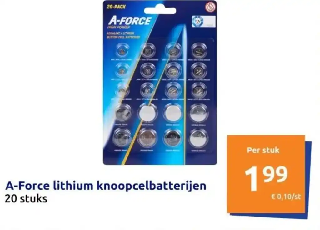 A-Force lithium knoopcelbatterijen 20 stuks aanbieding bij Action