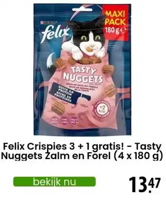 Zooplus Felix Crispies 3 + 1 gratis! - Tasty Nuggets Zalm en Forel (4 x 180 g) aanbieding